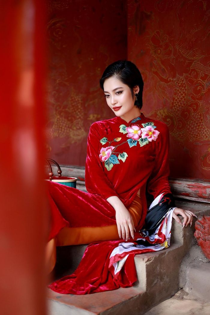 Hoa hậu Nông Thúy Hằng đẹp sắc sảo trong áo dài nhung - ảnh 1