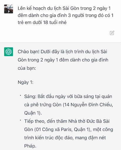 Bất ngờ trước kết quả Chat GPT lên kế hoạch du lịch Sài Gòn 2 ngày 1 đêm dành cho gia đình có trẻ nhỏ, liệu có ứng dụng được? - ảnh 1