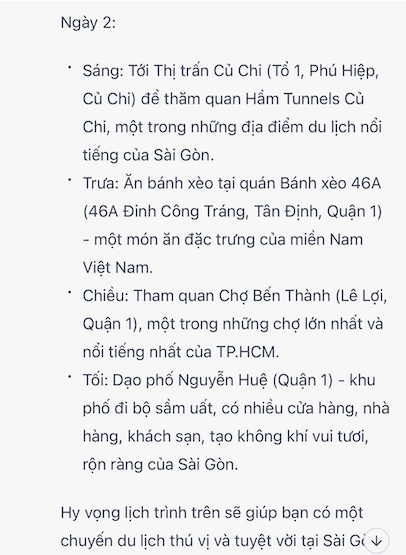Bất ngờ trước kết quả Chat GPT lên kế hoạch du lịch Sài Gòn 2 ngày 1 đêm dành cho gia đình có trẻ nhỏ, liệu có ứng dụng được? - ảnh 3