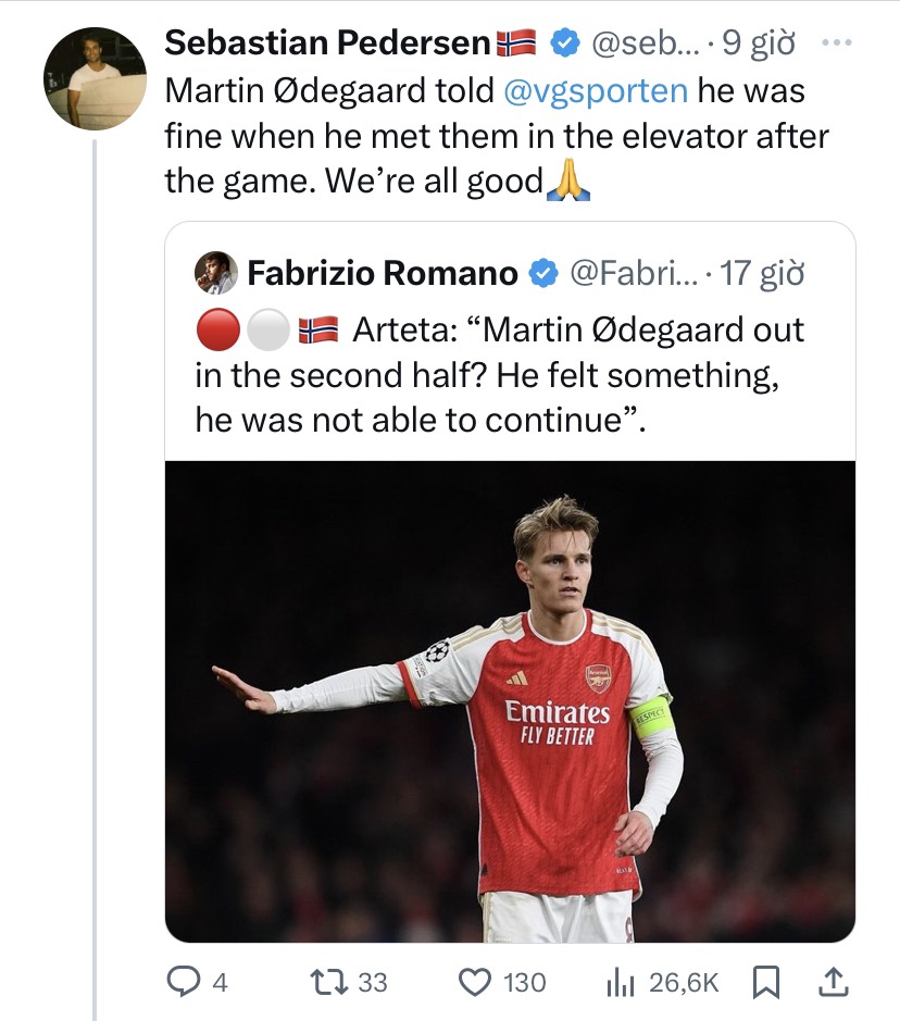 Arsenal thở phào vì Odegaard - ảnh 1