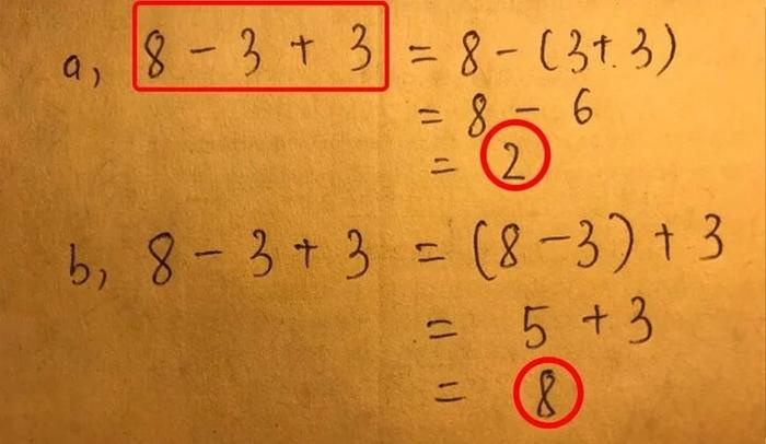 Bài toán tiểu học ''8-3+3'' ra hai đáp án bằng 2 và 8, đâu mới là đáp án đúng? - ảnh 1