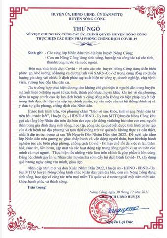 Thêm 1 huyện ở Thanh Hóa ra thư ngỏ khuyến cáo người dân không về quê dịp Tết