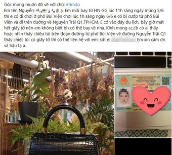 Bị cướp khi từ Hà Nội vào TP.HCM du lịch, cô gái viết lời "cầu cứu" trên mạng xã hội
